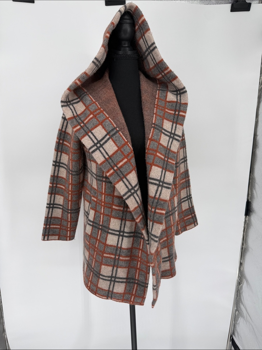 Field Flower Plaid Hooded Wool Coat in Brown & Rust